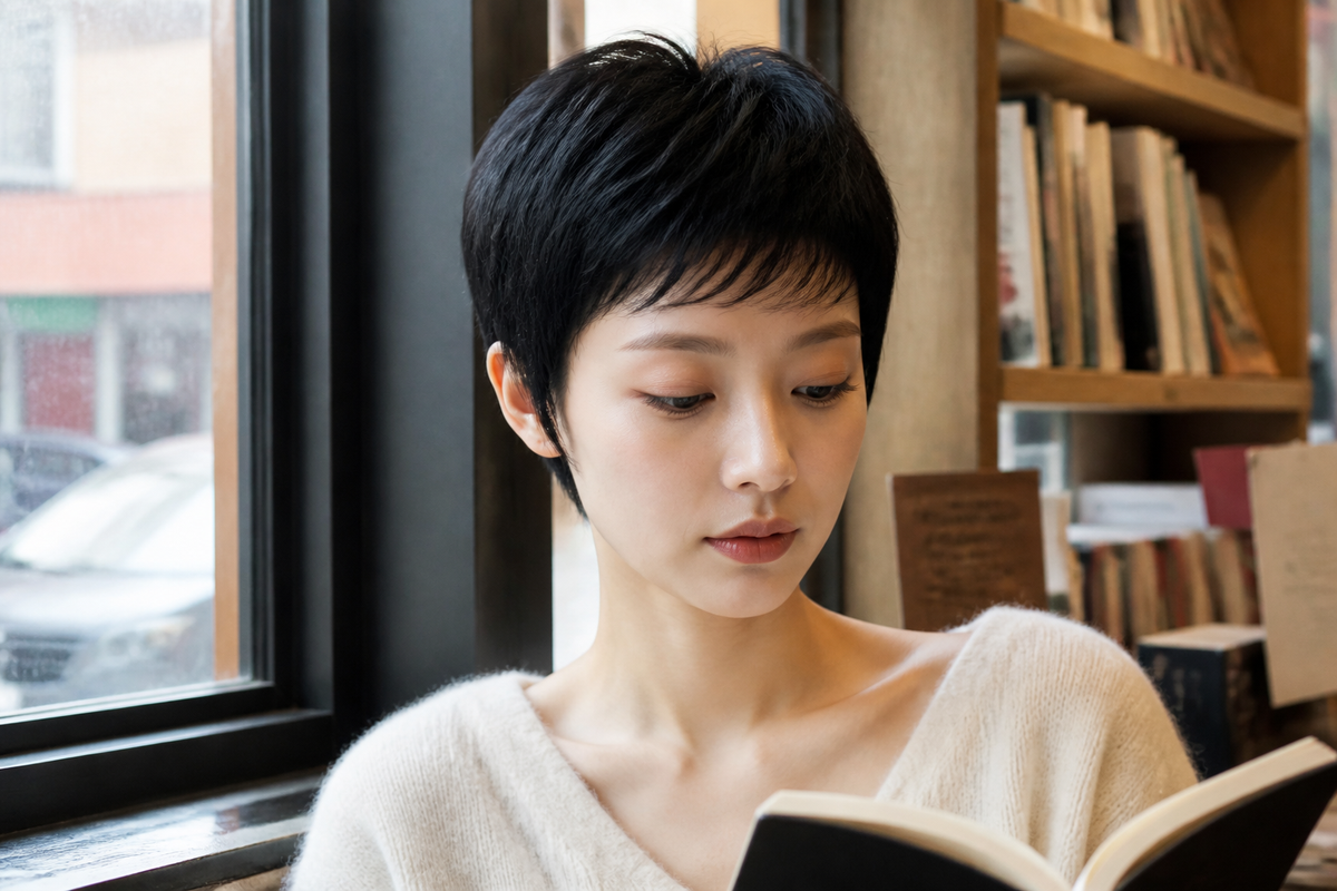 3.5-inch black pixie wig worn reading beside a window