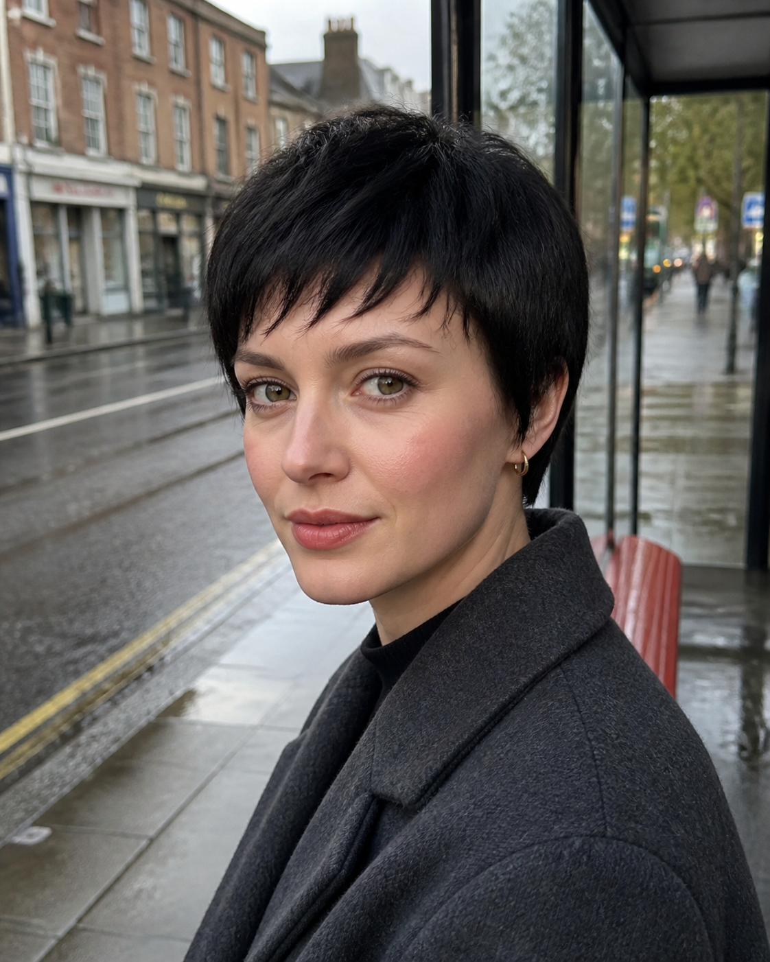 3.5-inch black pixie wig worn on a city pavement