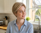 4-inch pastel blonde pixie wig worn in a bright kitchen
