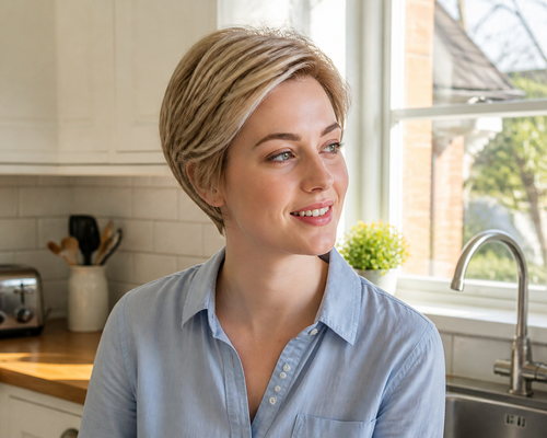4-inch pastel blonde pixie wig worn in a bright kitchen