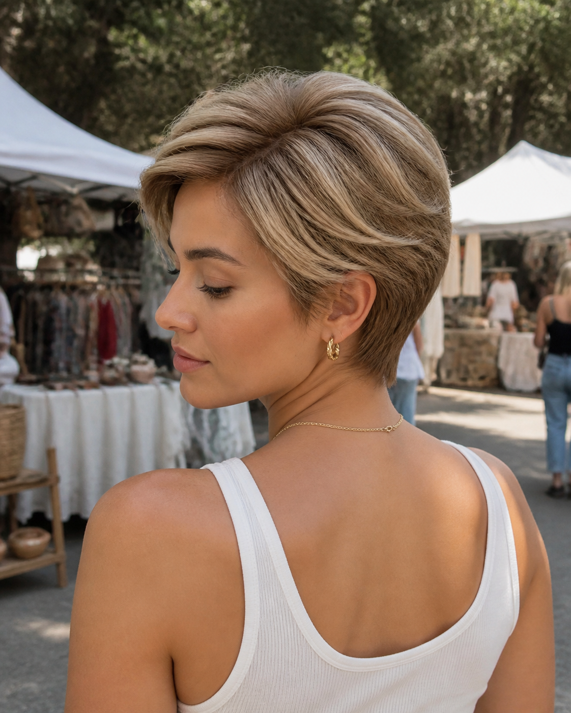 4-inch pastel blonde pixie wig worn from behind at an outdoor market