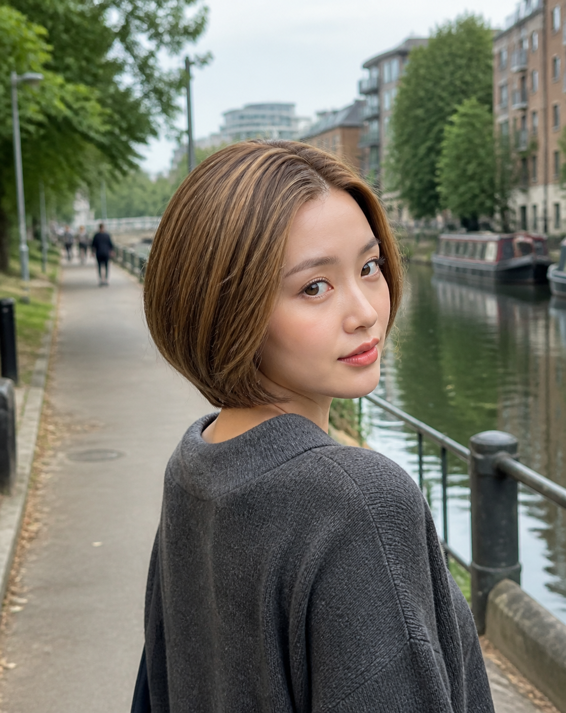 8-inch beige blonde classic bob wig worn from behind beside a canal