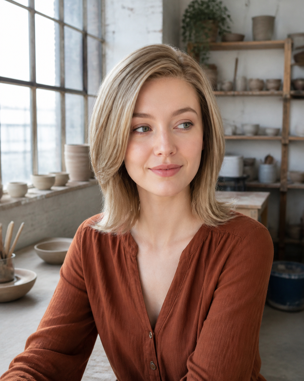 8.5-inch champagne blonde layered bob wig worn in a pottery studio