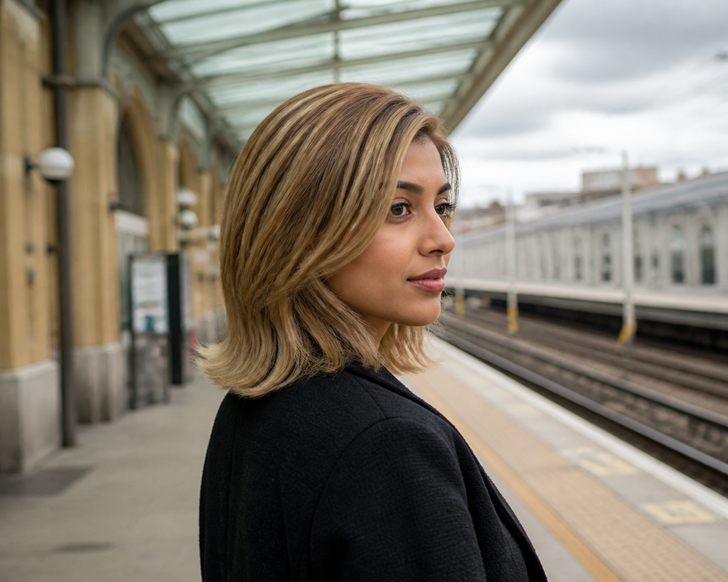 8.5-inch champagne blonde layered bob wig worn in profile at a train station
