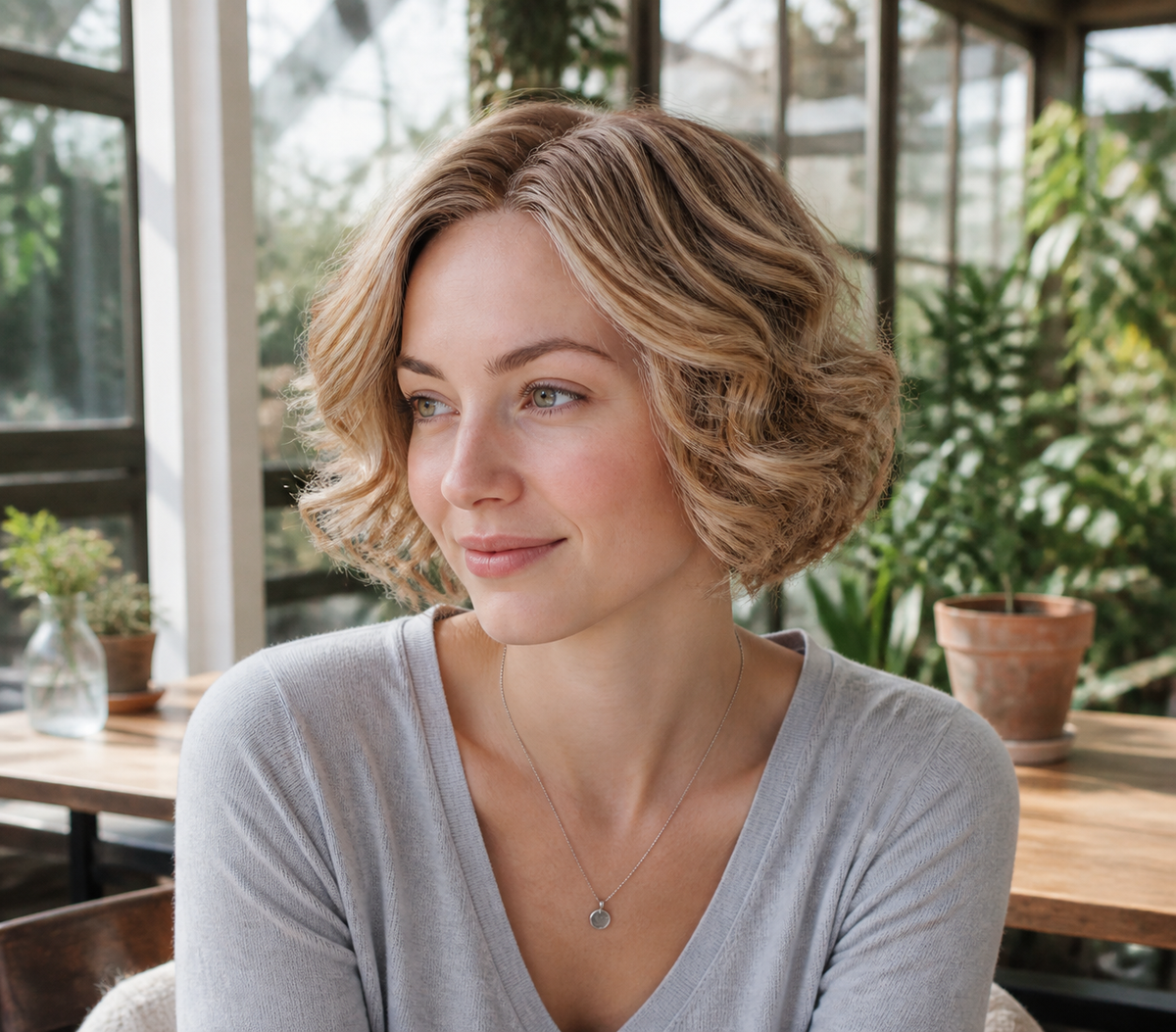 7-inch pearl blonde curly bob wig worn in a leafy cafe