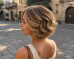 7-inch pearl blonde curly bob wig worn in profile on a cobbled street