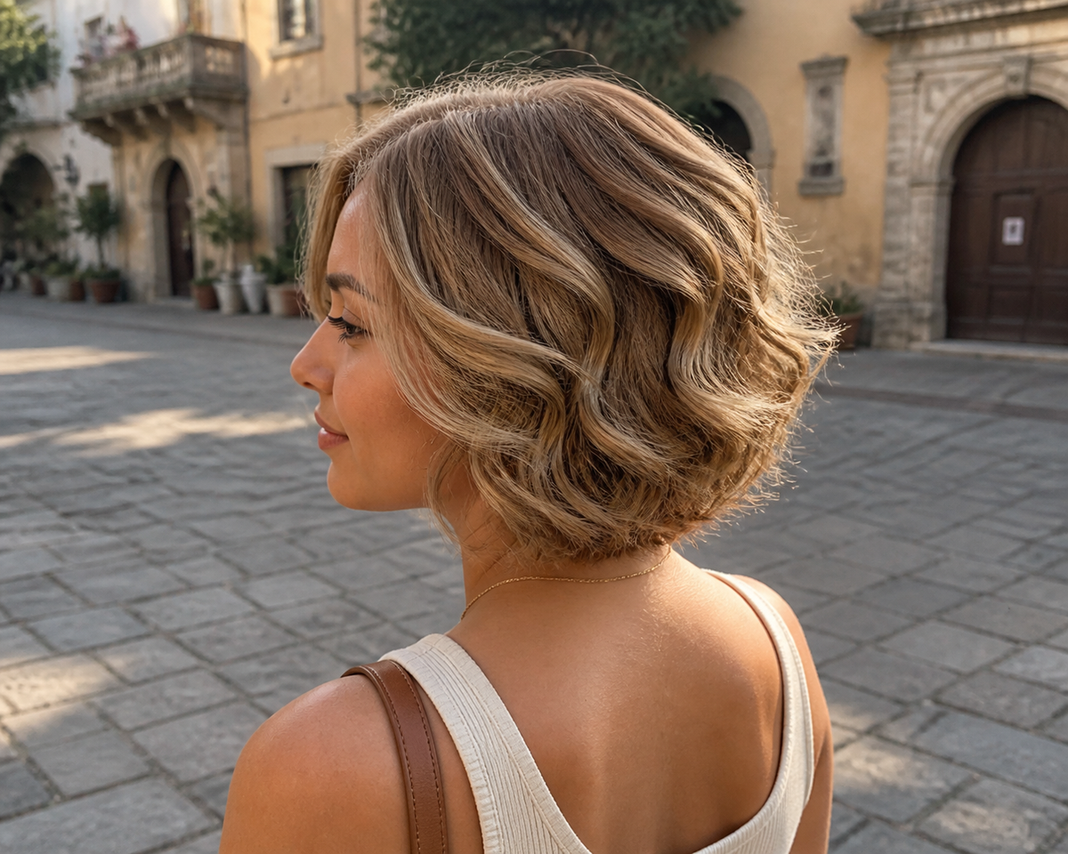 7-inch pearl blonde curly bob wig worn in profile on a cobbled street