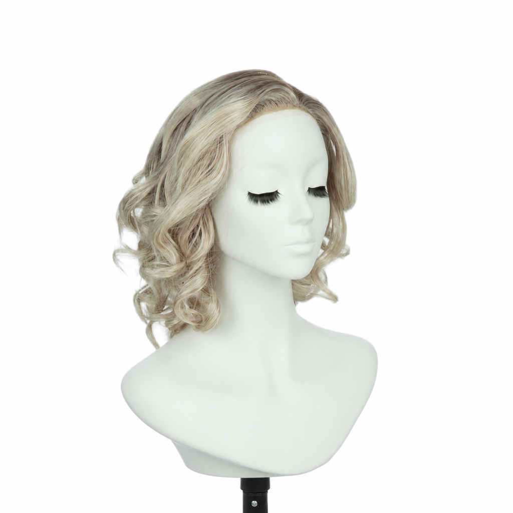Rooted platinum blonde 9-inch curly bob synthetic wig, right three-quarter view