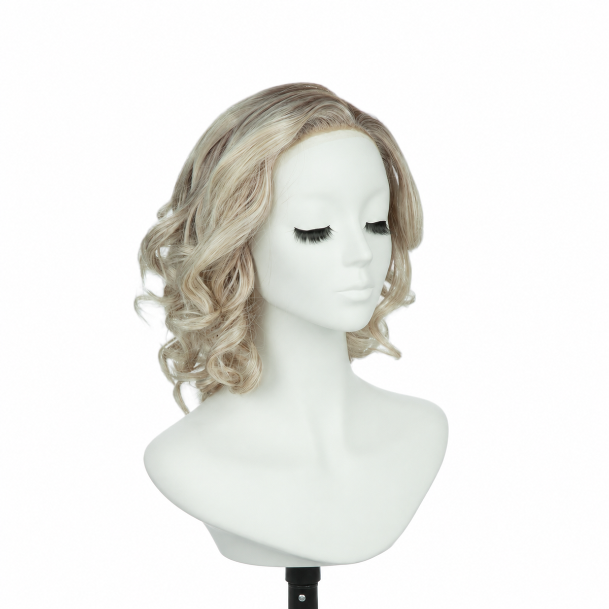Rooted platinum blonde 9-inch curly bob synthetic wig, right three-quarter view