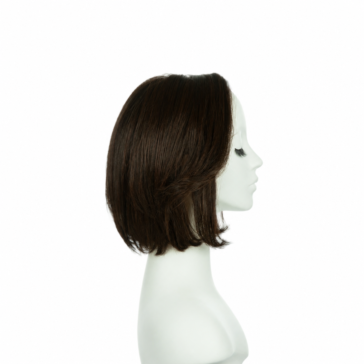 Right profile of auburn brown 8-inch blunt bob synthetic wig