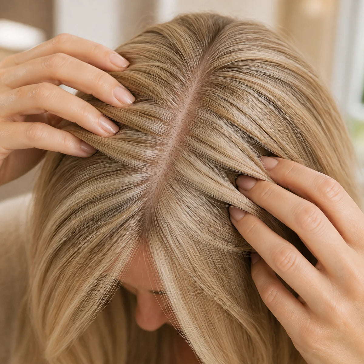 Hair topper adding coverage at the part and crown