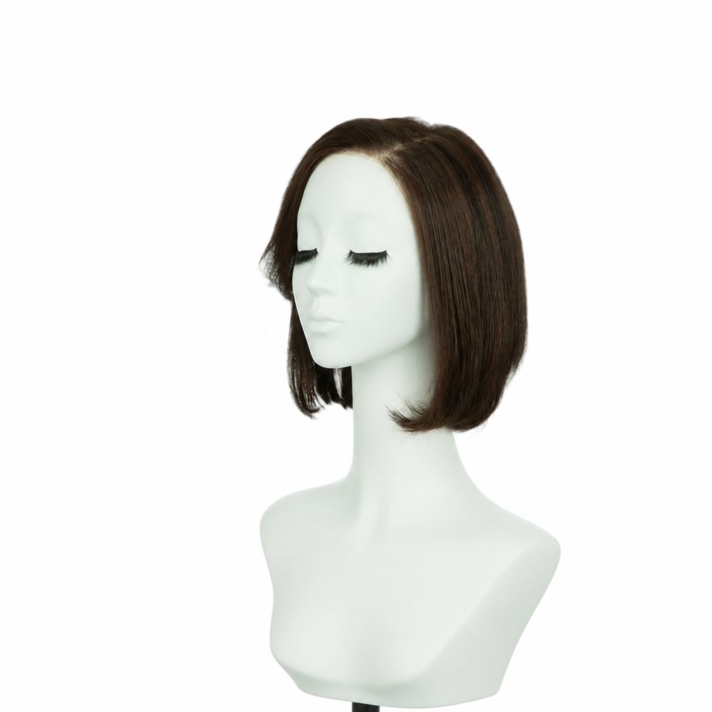 Auburn brown 8-inch blunt straight bob synthetic wig, left three-quarter view