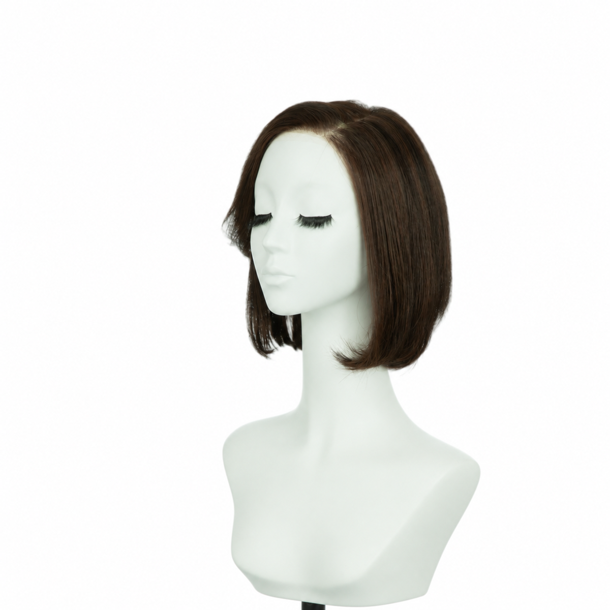 Auburn brown 8-inch blunt straight bob synthetic wig, left three-quarter view