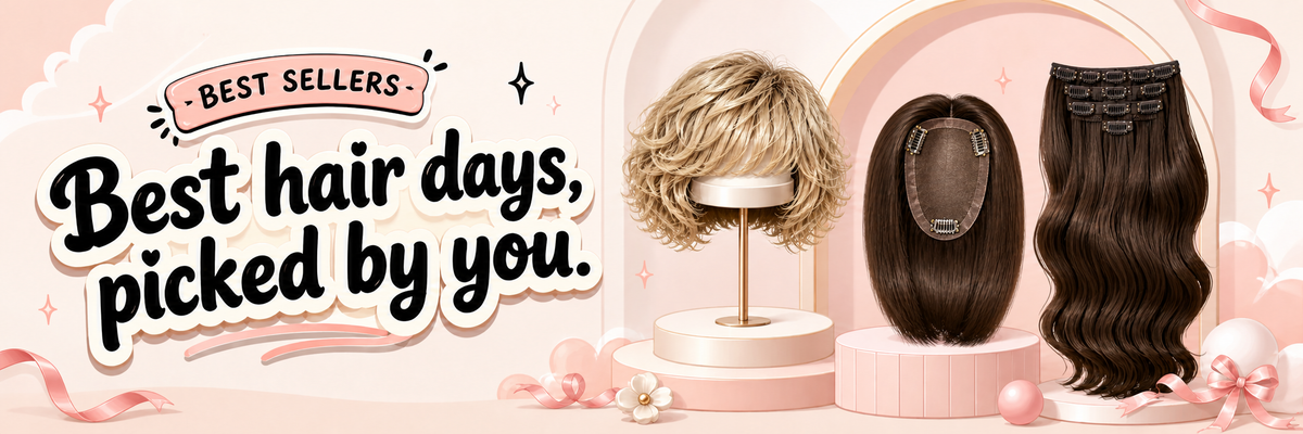 EWIGSC wig, hair topper and clip-in hair extensions displayed on a playful illustrated background
