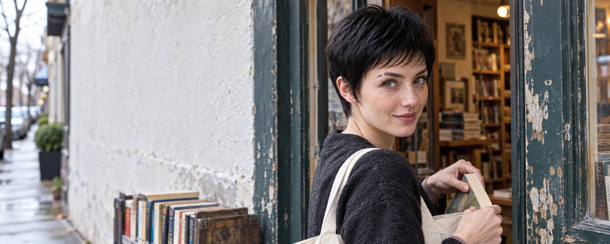 Woman wearing a short black pixie wig outside a neighborhood bookstore