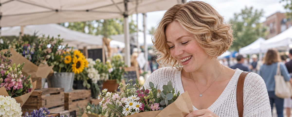 Woman wearing a short curly blonde wig at an outdoor flower market