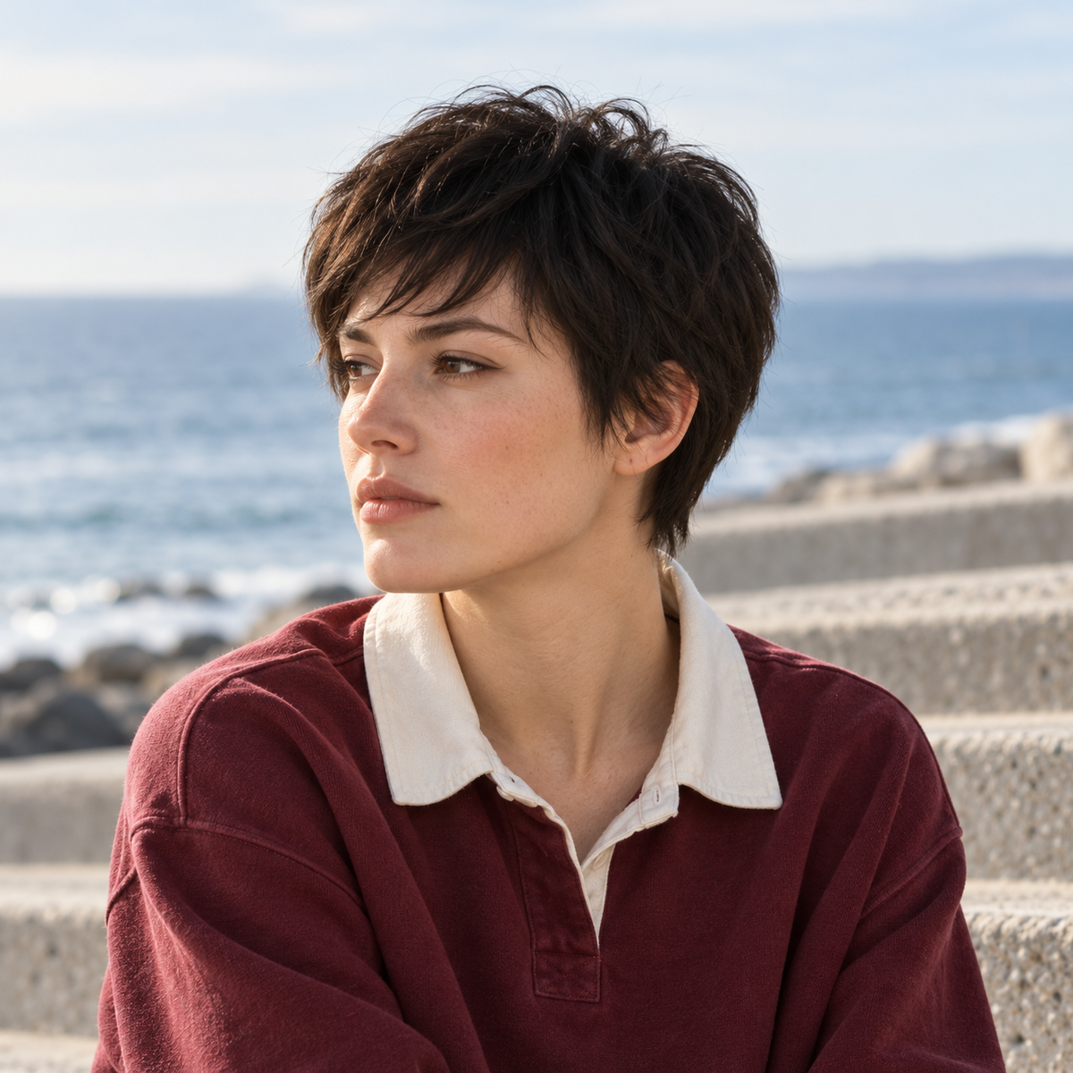 Pixie wigs collection illustration showing a black cropped style in a brick courtyard.