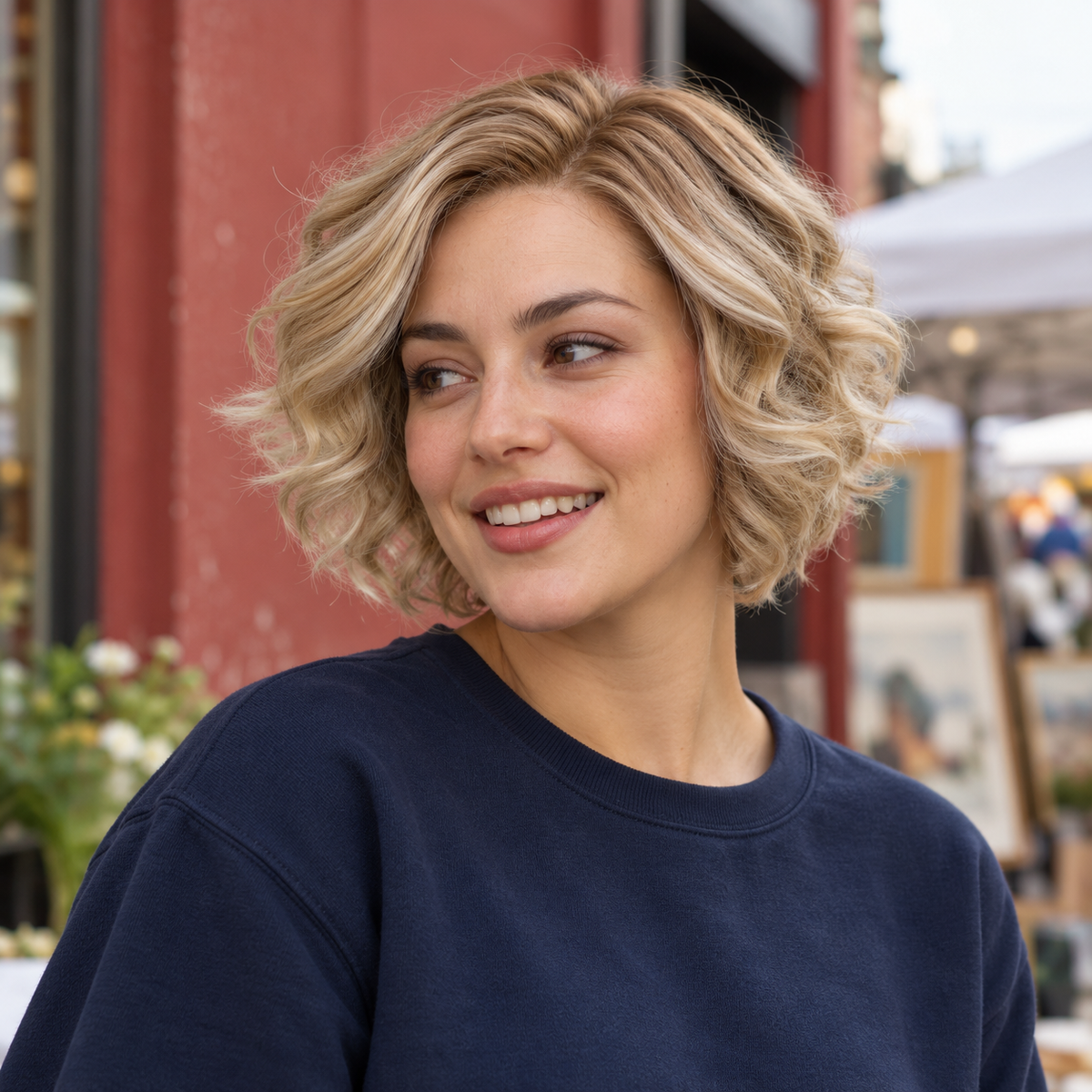 Short wigs collection illustration showing a pearl blonde curly bob beside a canal.