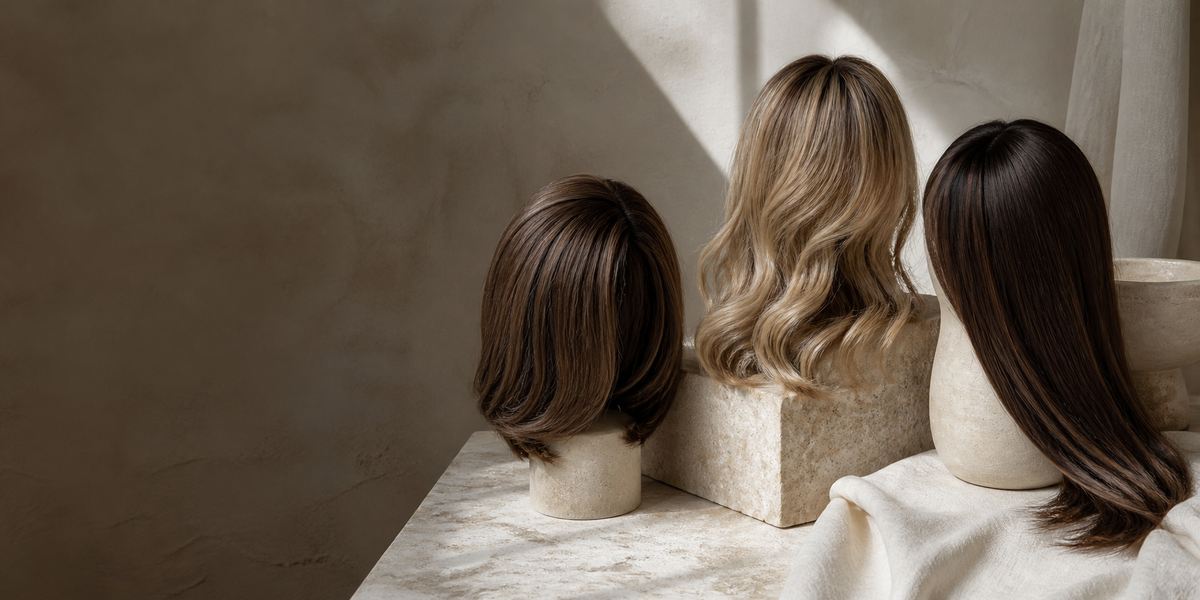 Women's wigs in brunette, blonde and dark brown styles