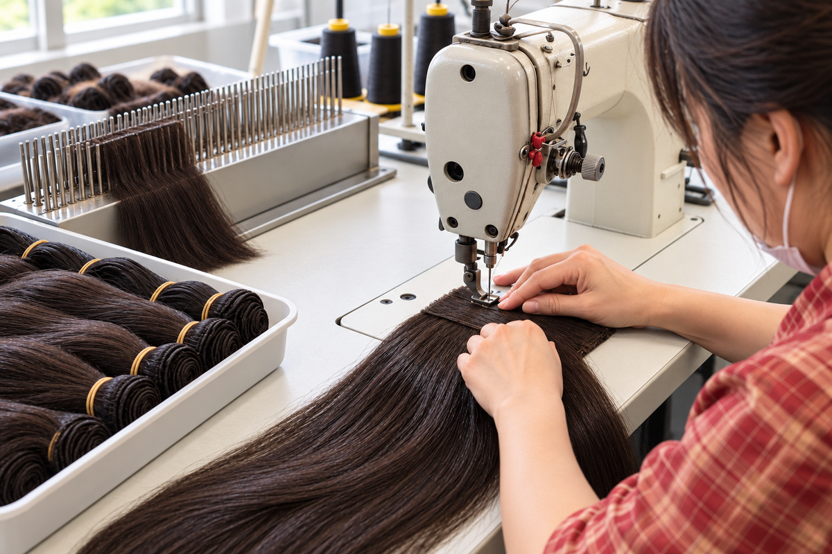 Illustration of a worker sewing dark synthetic hair wefts at a wig-making workstation